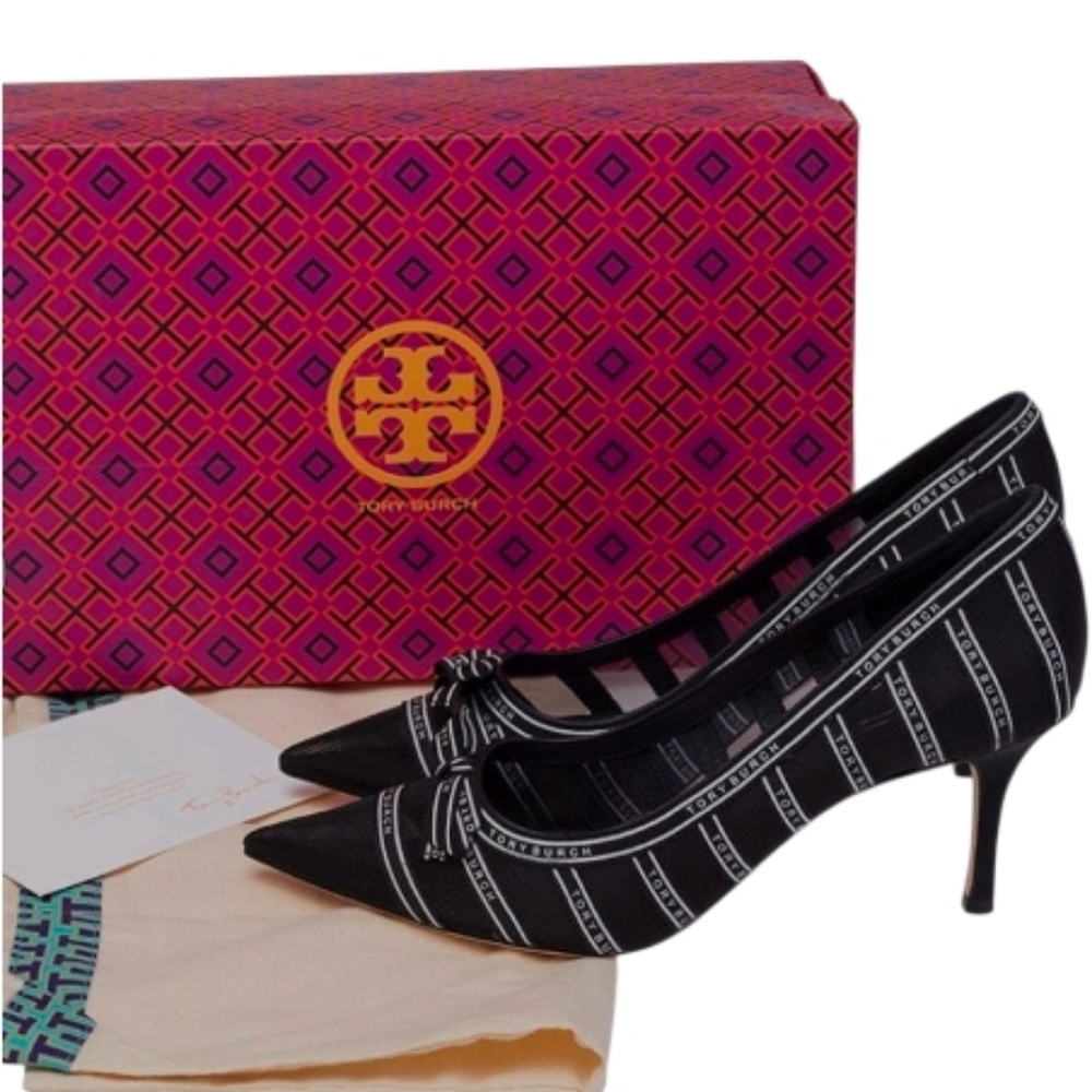 Tory Burch Black Logo-Striped Pointed Toe Kitten Heel Pumps